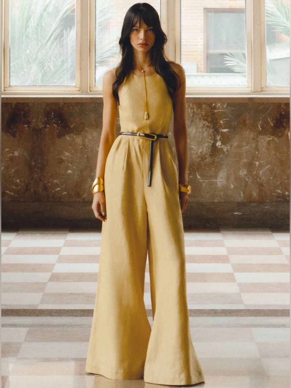 Reiss Mustard Yellow Halter Neck Open Back Maxi Jumpsuit 100% Linen